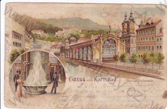  - Karlovy Vary(Karlsbad), dva záběry, vřídlo, Vřídelní kolonáda, koláž, DA