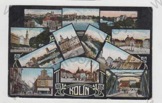  - Kolín, Více pohledů, Pohled na město, Radnice, Most, Labe, Náměstí, Most, Pražská ulice, kolorovaná, koláž
