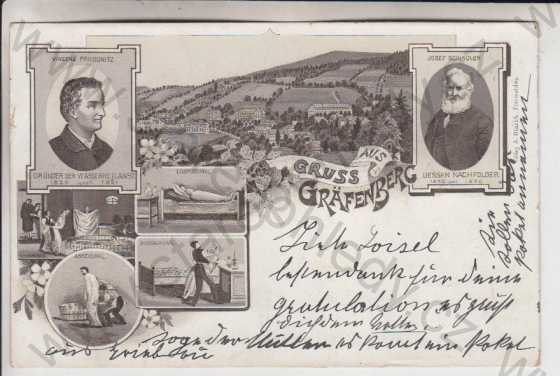  - Lázně Jeseník (Gräfenberg) - celkový pohled, lázně (procedury), Schindler, Preissnitz, litografie, DA