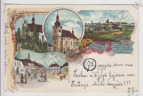  - Uhlířských Janovice - celkový pohled, kostel, náměstí, kolorovaná, DA