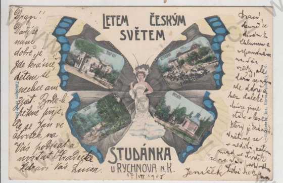  - Studánka (Rychnov nad Kněžnou) - koláž motýl žena (nová vila, restaurace, Sv. Ivan, kaplička), kolorovaná, DA