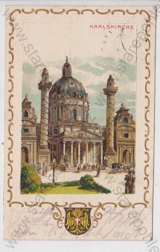  - Rakousko - Vídeň - Karlskirche, litografie, DA, koláž, kolorovaná, reliéf