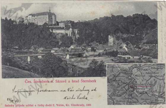  - Český Šternberk, celkový pohled a mapa, tónovaná zelená, DA