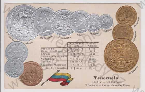  - Mincovní, plastická karta, zlacená, kolorovaná, DA, koláž, Venezuela