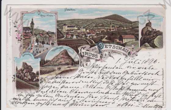  - Bečov (Petschau) - celkový pohled, kostel, partie - kameny, více záběrů, litografie, DA, koláž, kolorovaná