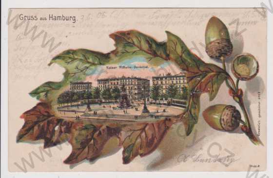  - Německo - Hamburg - koláž dubový list, litografie, kolorovaná, DA, reliéf