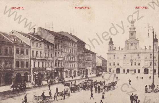  - České Budějovice, náměstí, radnice, koně s povozy