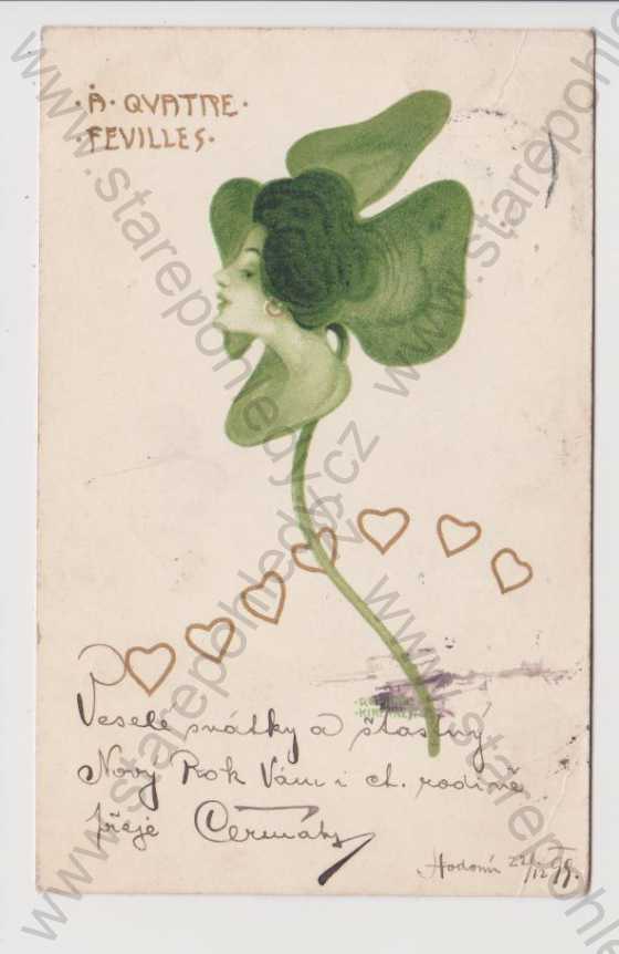  - Umělecké - Raphael Kirchner - žena výtvarno, koláž čtyřlístek (A Qvatre Fevilles), litografie, kolorovaná, DA