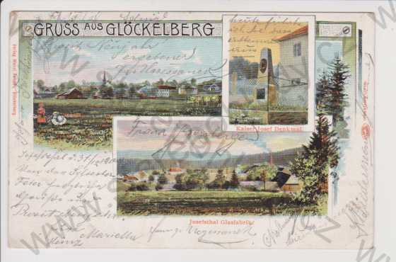  - Zvonkový (Glöckelberg) - zaniklé - celkový pohled, pomník, sklárna (továrna), koláž, kolorovaná, DA