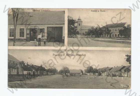  - Měnín Brno venkov koláž více záběrů obchod škola kostel náměstí foto. M. Šťastný