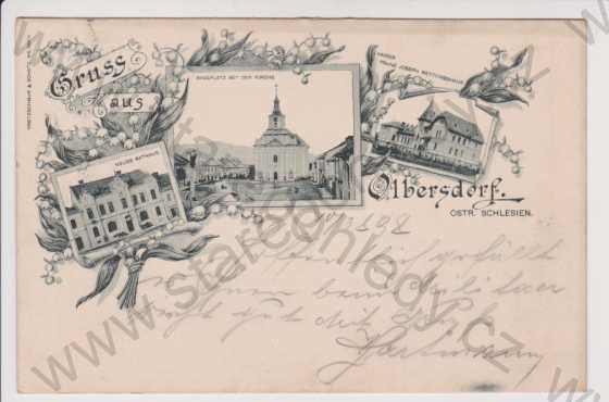  - Město Albrechtice (Olbersdorf) - náměstí, kostel, radnice, Rettunghaus, koláž, DA