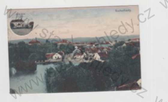  - Suchomasty (Beroun), celkový pohled, kostel Borek, kolorovaná