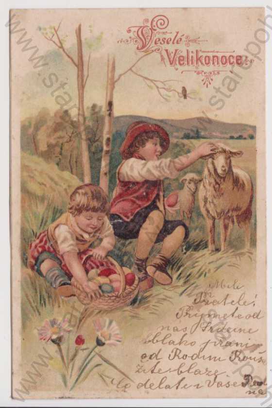 - Velikonoce - chlapci, ovce, vajíčka, litografie, kolorovaná, DA