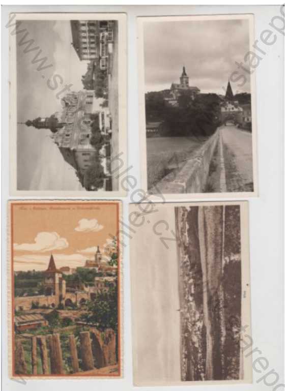  - 4x Stříbro (Mies) - Tachov, náměstí, radnice, autobus, most, brána, hrad, kolorovaná, celkový pohled