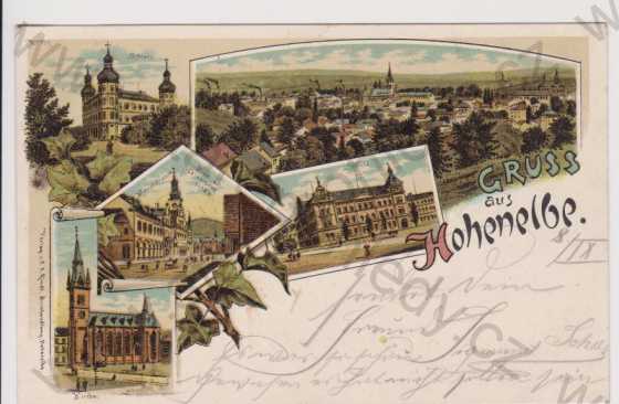  - Vrchlabí (Hohenelbe) - celkový pohled, zámek, škola, kostel, náměstí, litografie, DA, koláž, kolorovaná