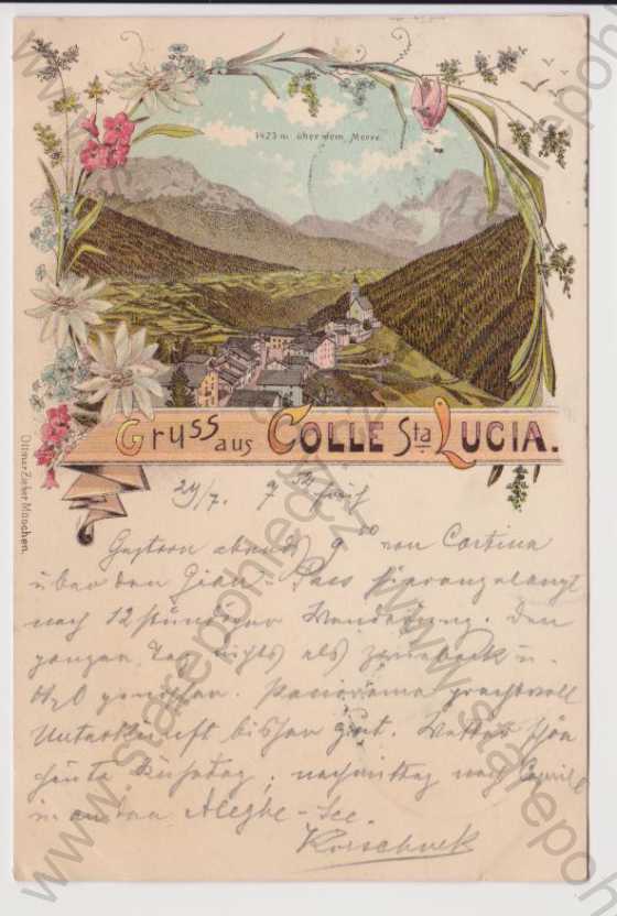  - Itálie - Colle Sta. Lucia - celkový pohled, litografie, kolorovaná, DA, koláž