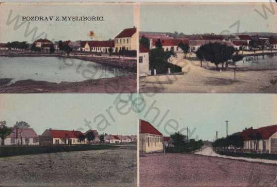  - Myslibořice (Třebíč), více pohledů, litografie, kolorovaná, náves, rybník, ulice, domy