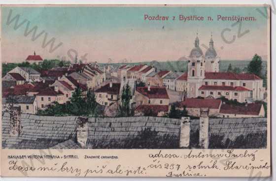  - Bystřice nad Perštýnem (Žďár nad Sázavou), litografie, barevná, Vojtěch Štěpánek, pohled na město, kostel, náměstí