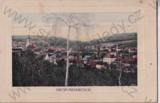  - Velké Meziříčí - Gross Meseritsch (Žďár nad Sázavou), pohled na město, kostel, zámek, litografie, barevná, tlačený rámeček