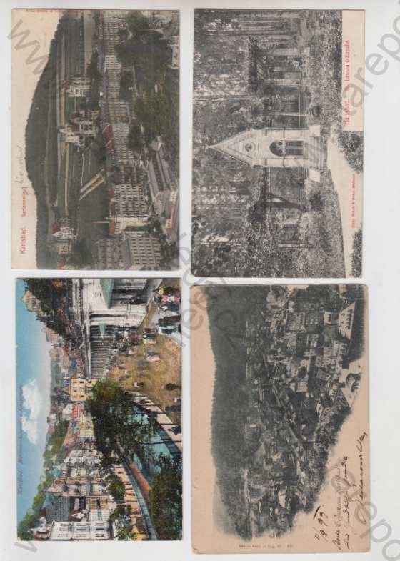  - 4x Karlovy Vary (Karlsbad), částečný záběr města, kaple, pohled ulicí, celkový pohled, kolorovaná