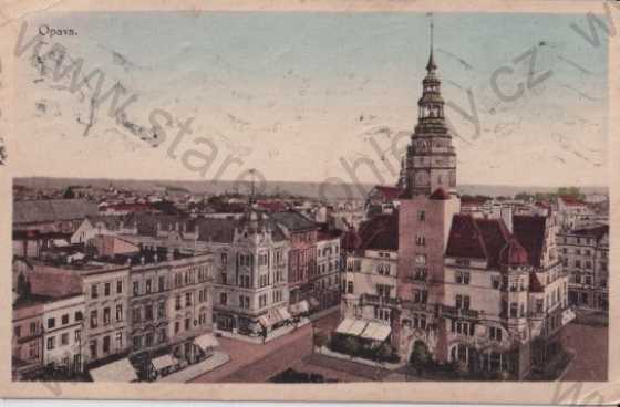  - Opava - Troppau, pohled z výšky na město, náměstí, radnice, věž, kolorovaná, litografie
