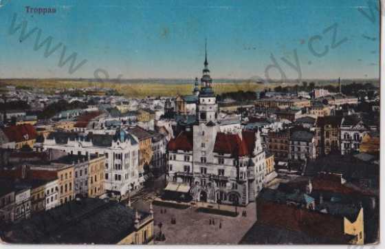  - Opava - Troppau, pohled z výšky na město, náměstí, radnice, věž, kolorovaná, litografie