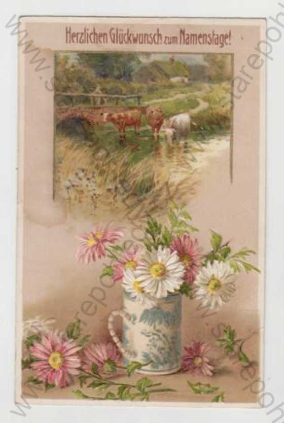  - Přání k jmeninám (Herzlichen Glückwunsch zum Namenstage), kráva, květina, plastická karta
