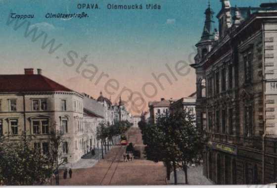  - Opava (Troppau), Olomoucká třída - Olmützerstrasse, litografie, kolorovaná, tramvaj, povoz
