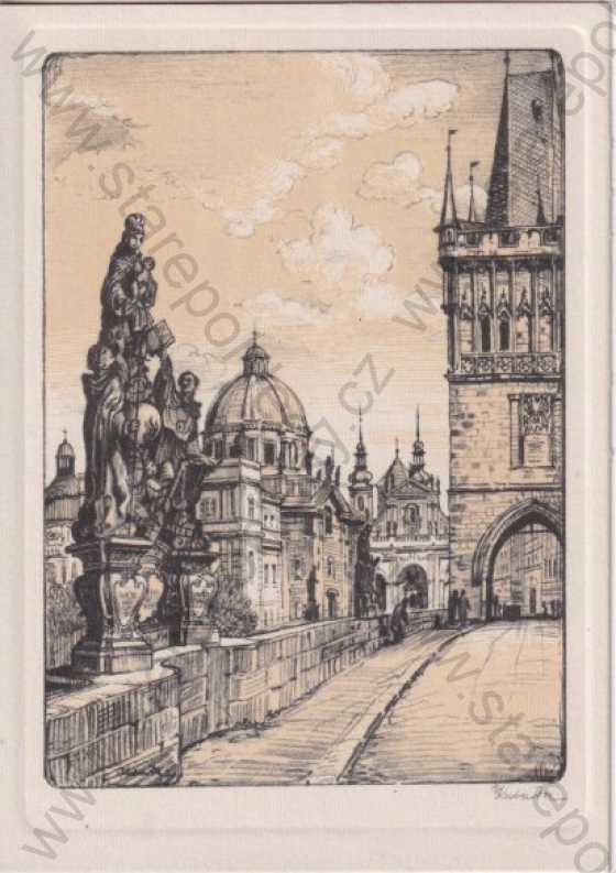  - Praha 1, Karlův most, Staroměstská mostecká věž, kresba, Vojtěch Kubašta, tlačený rámeček