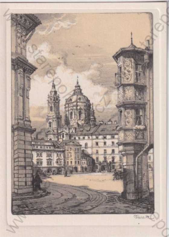  - Praha 1 - Malá Strana, chrám sv. Mikuláše, kresba, Vojtěch Kubašta, tlačený rámeček