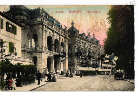  - 4x Karlovy Vary divadlo pohled ulicí kolonáda hotel Pupp