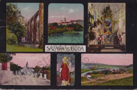  - Sázava, Buda (Benešov), koláž: klášter, kostel, náměstí, sv. Prokop, interiér kostela, celkový pohled, litografie, kolorovaná