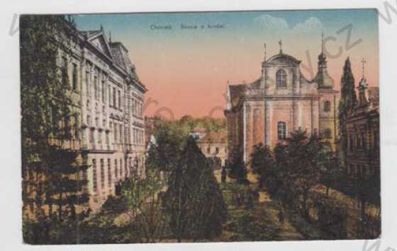  - Choceň (Ústí nad Orlicí), pohled ulicí, škola, kostel, kolorovaná