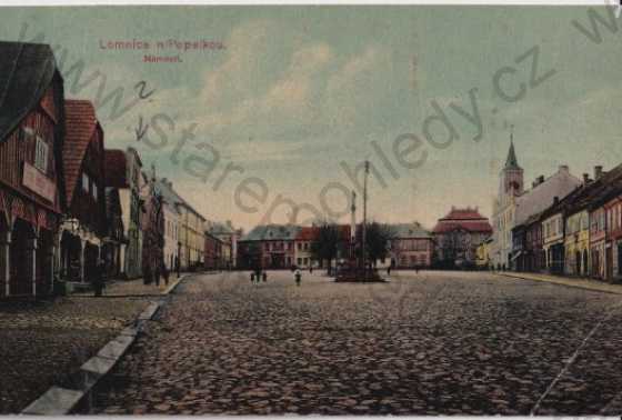  - Lomnice nad Popelkou (Semily) náměstí, obchody, lidová architektura, sloup, radnice, litografie, kolorovaná