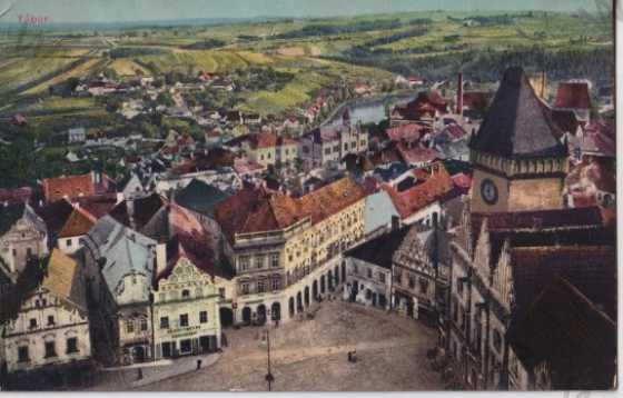  - Tábor - pohled na město, náměstí, radnice, kolorovaná, litografie