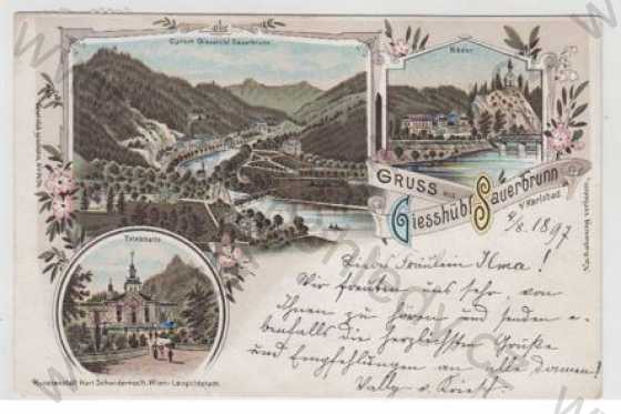  - Kyselka (Sauerbrunn) - Karlovy Vary, více záběrů, celkový pohled, řeka, most, kolorovaná, koláž, DA