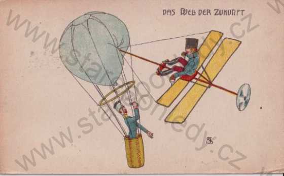  - Duel budoucnosti - horkovzdušný balon a letadlo, kluzák, kresba, barevná, humor