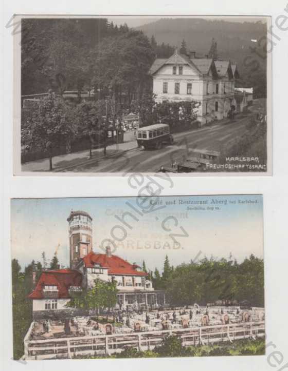  - 2x Karlovy Vary (Karlsbad), autobus, rozhledna, restaurace, kolorovaná