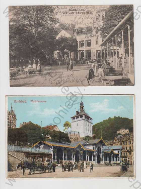  - 2x Karlovy Vary (Karlsbad), restaurace, kavárna, promenáda, kůň, kočár, kolorovaná