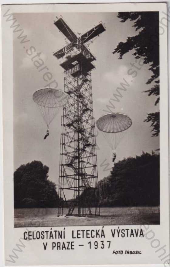  - Celostátní letecká výstava v Praze 1937, foto Trousil, rozhledna, padáky