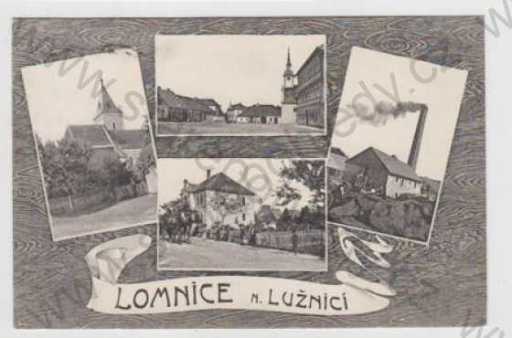  - Lomnice nad Lužnicí (Jindřichův Hradec), více záběrů, kostel, náměstí, náves, škola, komín