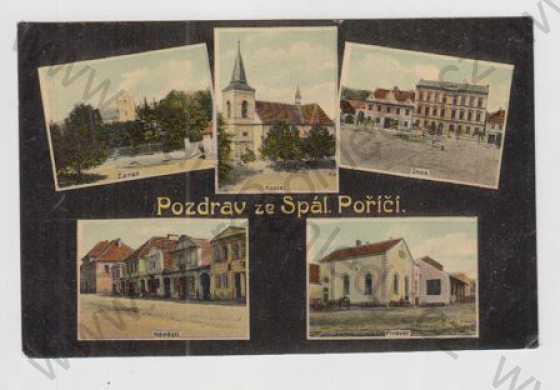  - Spálené Poříčí (Plzeň - jih), více záběrů, zámek, kostel, škola, náměstí, pivovar, kolorovaná