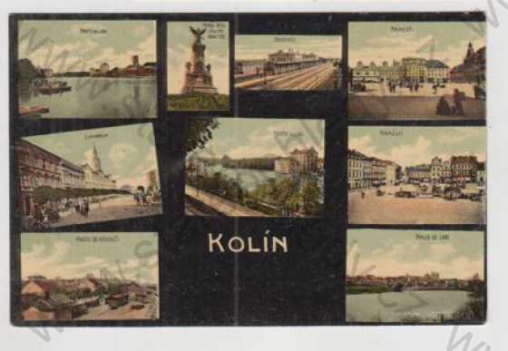  - Kolín, více záběrů, partie, Labe, nádraží, náměstí, gymnázium, celkový pohled, kolorovaná