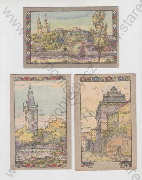  - 5x Praha 1, Hradčany, Novoměstská věž, Švarcenberský palác, Mostecká věž, Karlův Most, Kristus, kresba, kolorovaná