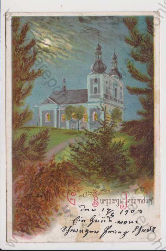  - Krnov (Jägerndorf) - Burgberg - kostel, litografie, DA, koláž, kolorovaná