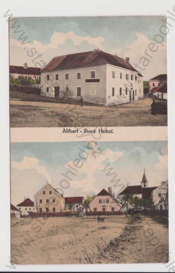  - Staré Hobzí (Althart) - střed obce, pes, partie, kolorovaná
