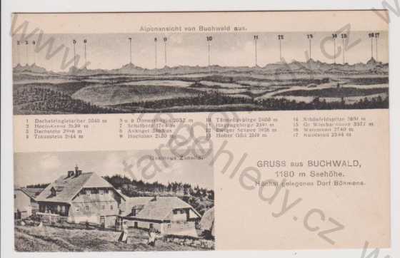  - Bučina (Buchwald) - hostinec Zanella, panorama, zaniklá obec