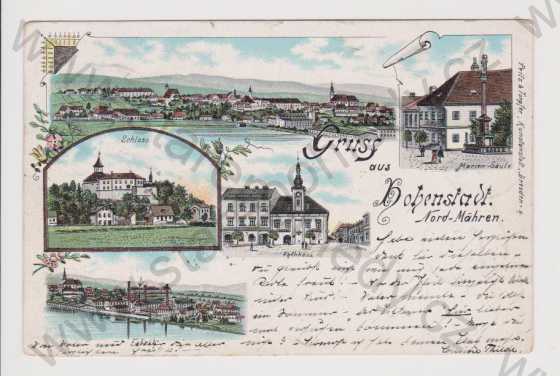  - Zábřeh (Hohenstadt) - celkový pohled, zámek, mariánský sloup, radnice, litografie, kolorovaná, koláž, DA