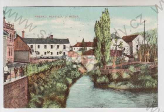  - Přerov (Prerau), partie, Bečva, řeka, most, částečný záběr města, kolorovaná