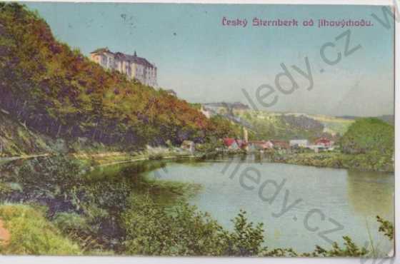  - Český Šternberk (Benešov), pohled na zámek, Sázava, město, litografie, kolorovaná